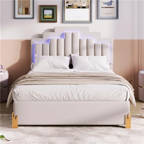 Imagen Cama doble de lujo con luces led y almacenamiento 140x200 cm - beige