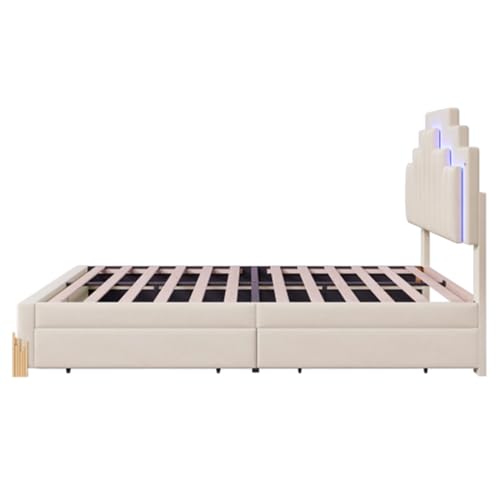 Imagen Cama doble de lujo con luces led y almacenamiento 140x200 cm - beige