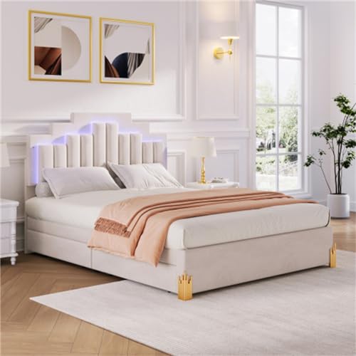 Imagen Cama doble de lujo con luces led y almacenamiento 140x200 cm - beige