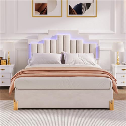 Imagen Cama doble de lujo con luces led y almacenamiento 140x200 cm - beige