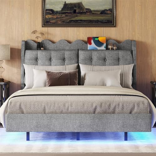 Imagen Cama doble tapizada 140x200 con luces led y usb ideal para invitados en gris