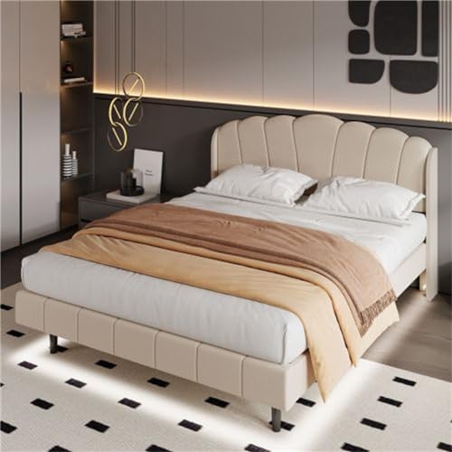 Imagen Siente la magia cama tapizada con luces led y cabecero de madera 140x200cm - beige