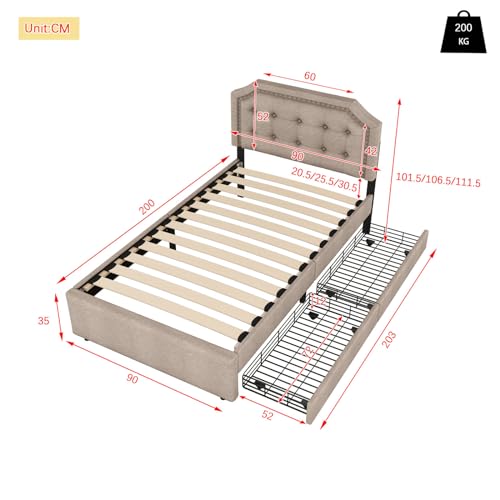 Imagen Conjunto de cama tapizada 90x200 cm con mesita de noche ajustable en beige para adultos y adolescentes