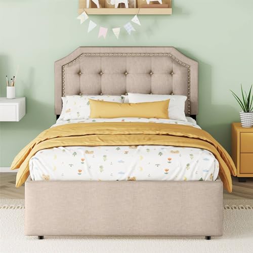 Imagen Conjunto de cama tapizada 90x200 cm con mesita de noche ajustable en beige para adultos y adolescentes