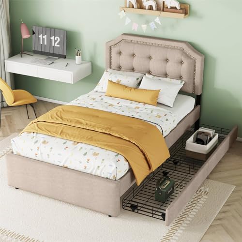 Imagen Conjunto de cama tapizada 90x200 cm con mesita de noche ajustable en beige para adultos y adolescentes