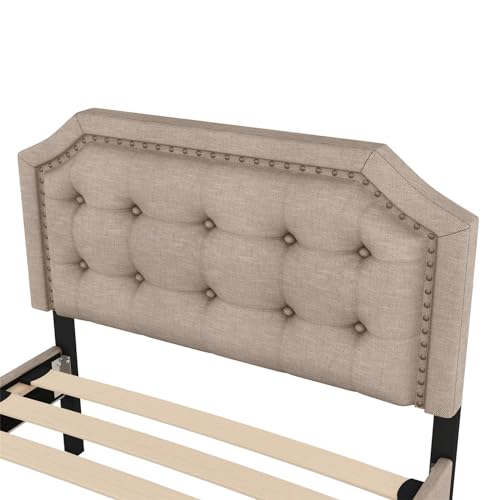 Imagen Conjunto de cama tapizada 90x200 cm con mesita de noche ajustable en beige para adultos y adolescentes