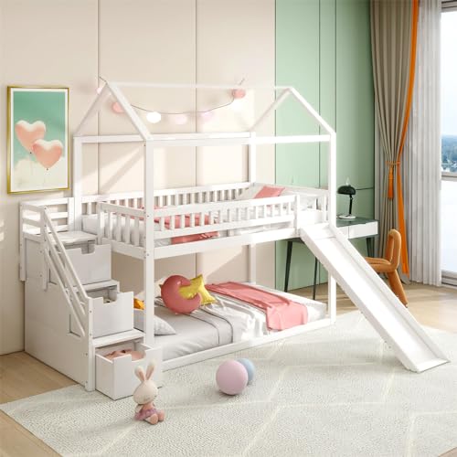 Imagen Cama alta para niños con tobogan y escalera de almacenamiento