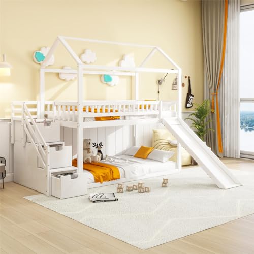 Imagen Cama alta para niños con tobogan y escalera de almacenamiento