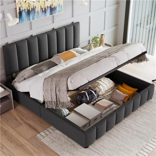 Imagen Cama matrimonial hidraulica con diseño moderno y gran espacio de almacenamiento en gris y arena