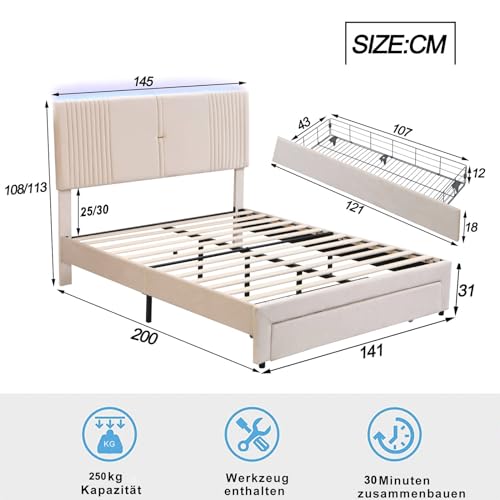 Imagen Cama doble multifuncional con luz led y puertos usb color beige