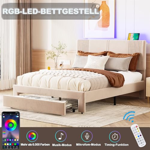 Imagen Cama doble multifuncional con luz led y puertos usb color beige