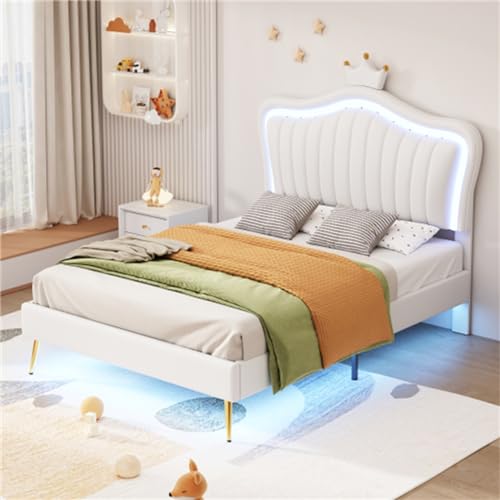 Imagen Cama de princesa con luz led y cabecero de corona en cuero pu - blanca 90x200