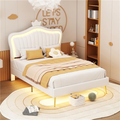 Imagen Cama de princesa con luz led y cabecero de corona en cuero pu - blanca 90x200