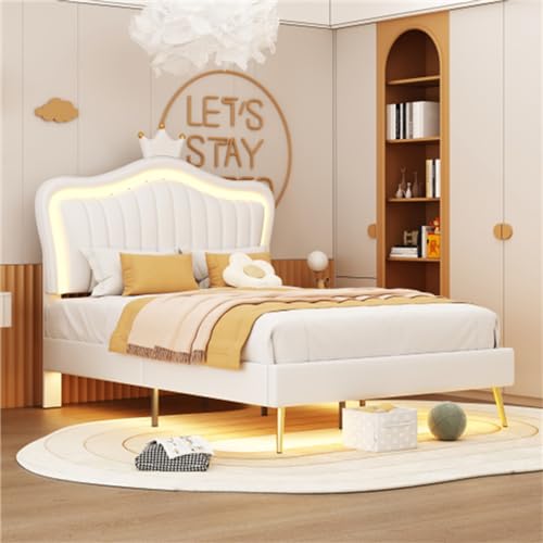 Imagen Cama de princesa con luz led y cabecero de corona en cuero pu - blanca 90x200