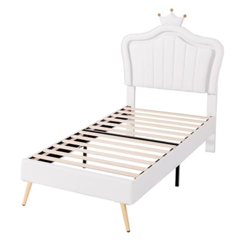 Imagen Cama de princesa con luz led y cabecero de corona en cuero pu - blanca 90x200