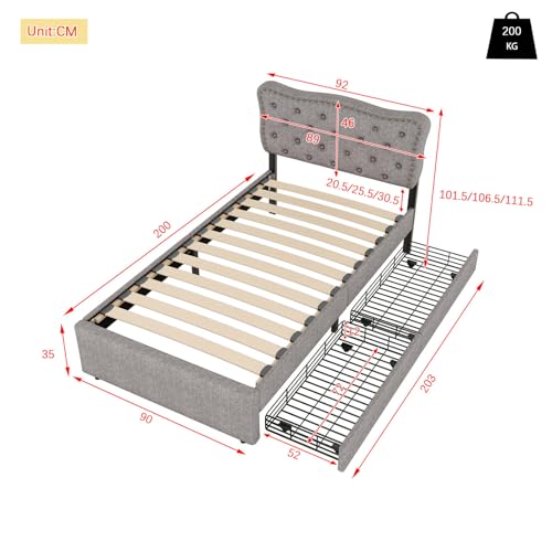 Imagen Cama tapizada con cabecera ajustable y cajones de almacenamiento - diseño elegante en gris ideal para adultos y adolescentes