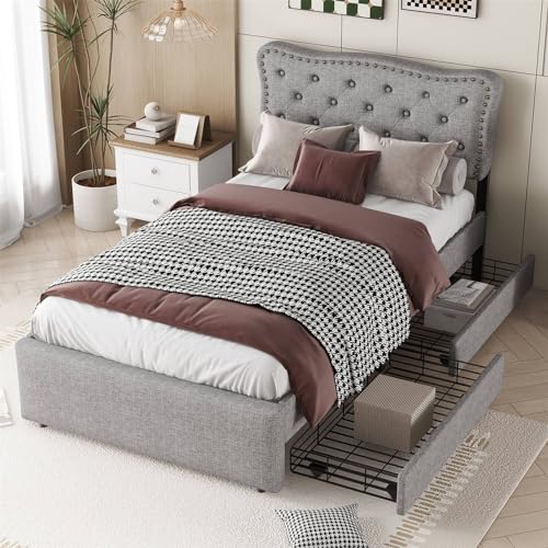 Imagen Cama tapizada con cabecera ajustable y cajones de almacenamiento - diseño elegante en gris ideal para adultos y adolescentes