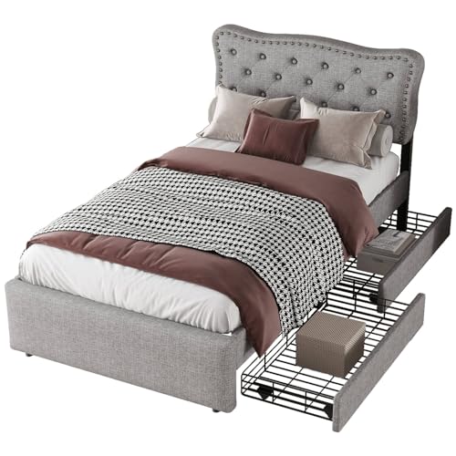 Imagen Cama tapizada con cabecera ajustable y cajones de almacenamiento - diseño elegante en gris ideal para adultos y adolescentes