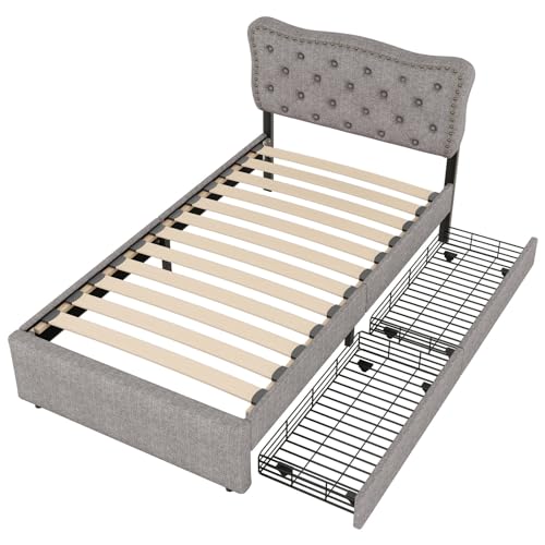 Imagen Cama tapizada con cabecera ajustable y cajones de almacenamiento - diseño elegante en gris ideal para adultos y adolescentes