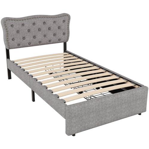 Imagen Cama tapizada con cabecera ajustable y cajones de almacenamiento - diseño elegante en gris ideal para adultos y adolescentes