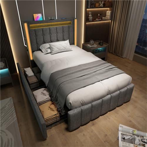 Imagen Cama tapizada con usb led y cajones madera maciza tela gris ideal para sala