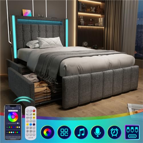 Imagen Cama tapizada con usb led y cajones madera maciza tela gris ideal para sala