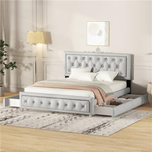 Imagen Cama tapizada con almacenamiento y cabecera ajustable diseño elegante en pu gris para dormitorios modernos