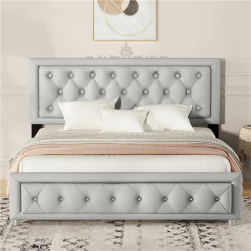 Imagen Cama tapizada con almacenamiento y cabecera ajustable diseño elegante en pu gris para dormitorios modernos