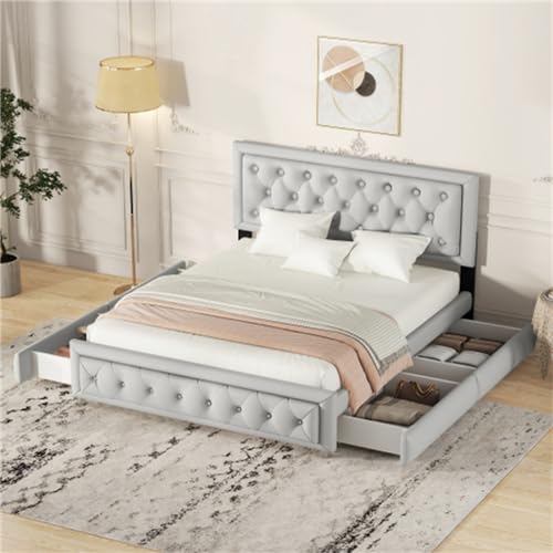 Imagen Cama tapizada con almacenamiento y cabecera ajustable diseño elegante en pu gris para dormitorios modernos