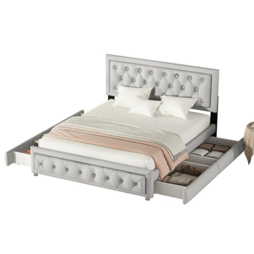 Imagen Cama tapizada con almacenamiento y cabecera ajustable diseño elegante en pu gris para dormitorios modernos