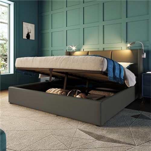 Imagen Cama doble tapizada con almacenamiento y luz usb perfecta para comodidad y conveniencia - 160x200cm gris