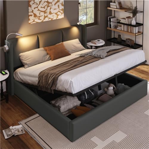 Imagen Cama doble tapizada con almacenamiento y luz usb perfecta para comodidad y conveniencia - 160x200cm gris