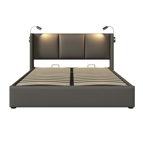 Imagen Cama doble tapizada con almacenamiento y luz usb perfecta para comodidad y conveniencia - 160x200cm gris