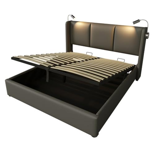 Imagen Cama doble tapizada con almacenamiento y luz usb perfecta para comodidad y conveniencia - 160x200cm gris