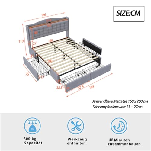 Imagen Cama doble con puerto usb cabecero de lino y almacenamiento