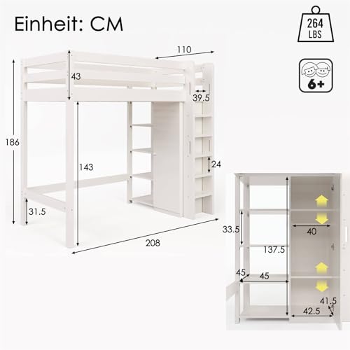 Imagen Cama alta con armario y 6 estantes individual blanca 90x200 cm moderna ahorra espacio