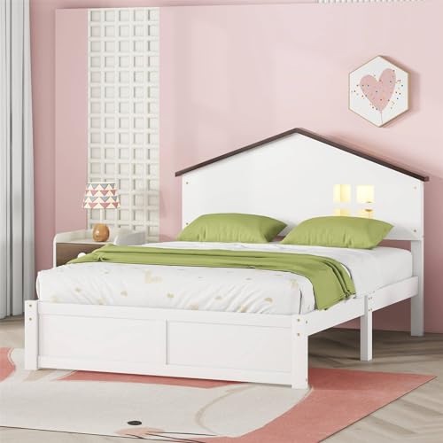 Imagen Cama infantil casita con luz led y somier de madera maciza