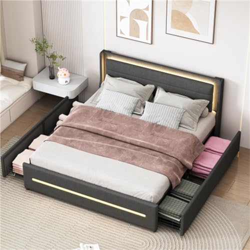 Imagen Cama doble tapizada de 160x200 cm con luces led y cuatro cajones ideal para dormitorios modernos