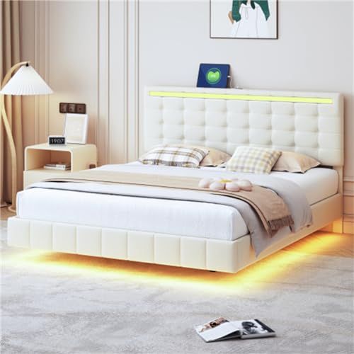 Imagen Descansa con estilo en la cama flotante tapizada con luces led y ropa de cama agradable para la piel 