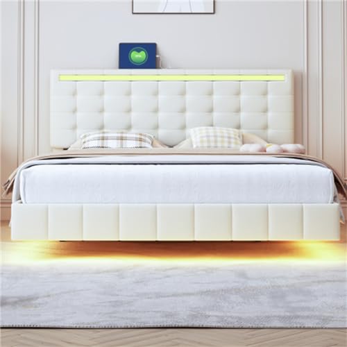 Imagen Descansa con estilo en la cama flotante tapizada con luces led y ropa de cama agradable para la piel 