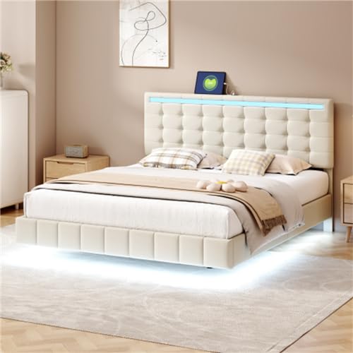 Imagen Descansa con estilo en la cama flotante tapizada con luces led y ropa de cama agradable para la piel 