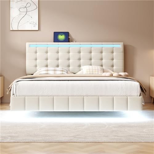 Imagen Descansa con estilo en la cama flotante tapizada con luces led y ropa de cama agradable para la piel 