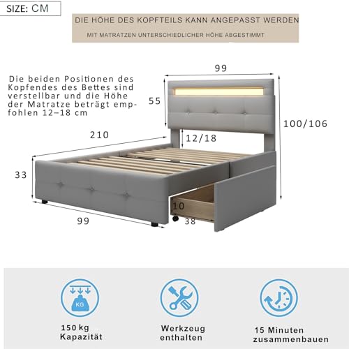 Imagen Cama tapizada con luces led y cajones de almacenamiento