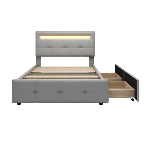 Imagen Cama tapizada con luces led y cajones de almacenamiento