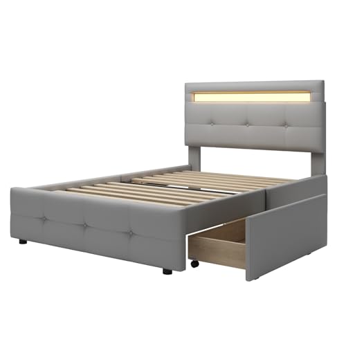 Imagen Cama tapizada con luces led y cajones de almacenamiento