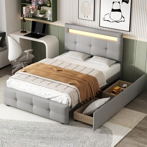 Imagen Cama tapizada con luces led y cajones de almacenamiento