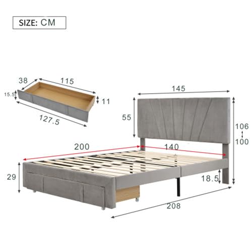 Imagen Cama doble elegante con somier respaldo y cajones grandes en gris