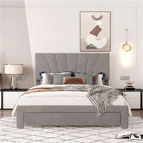 Imagen Cama doble elegante con somier respaldo y cajones grandes en gris