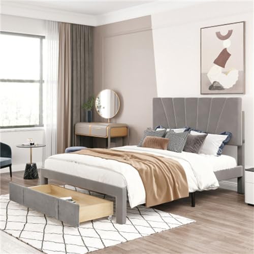 Imagen Cama doble elegante con somier respaldo y cajones grandes en gris