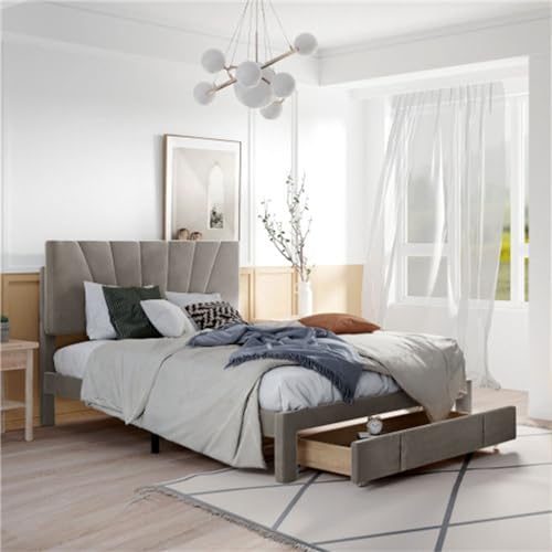 Imagen Cama doble elegante con somier respaldo y cajones grandes en gris